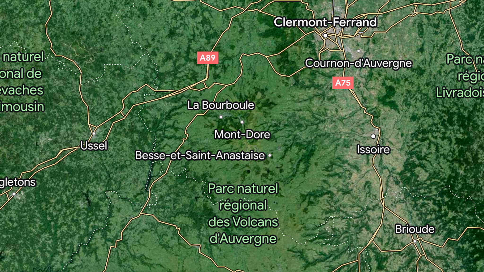 Vue Satellite du Parc Naturel Régional des Volcans d'Auvergne
